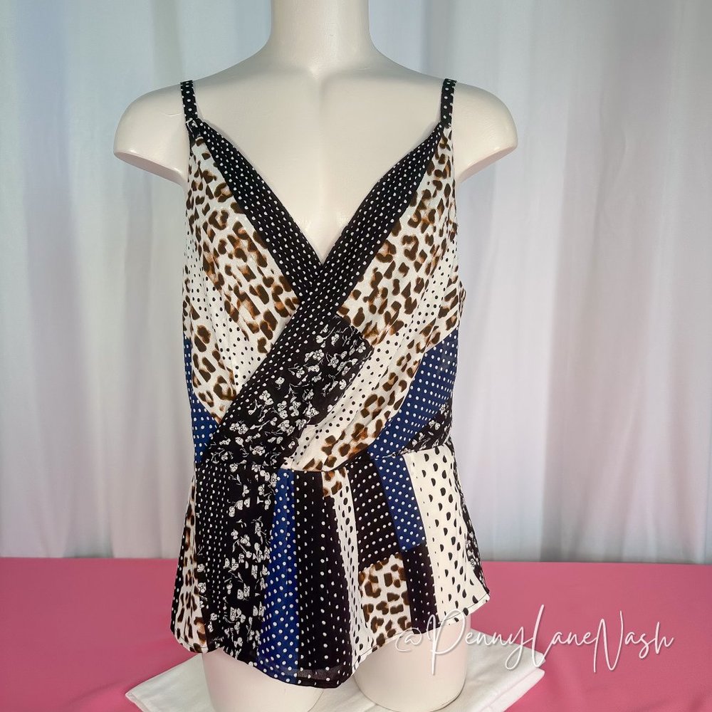 Cabi 3787 Mixed Print Crossover Peplum Camisole Tank - Picture 2 of 8